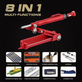 Hmyl Easy Multi function Scribing Tool, Zinc Alloy Smart Scribe Tool with Solid Carpenter Pencil, DIY Scribe Tool woodworking, Gauge Scriber Line Maker, Measuring Tool with Scale, Red