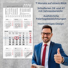 Calendar 2026 Wall Calendar with Slider 7 Months - Large Monthly Calendar 2026 with Holidays & School Holidays, Year Overview, 56 x 30 cm - for Office or Home Modern Design for Any Wall