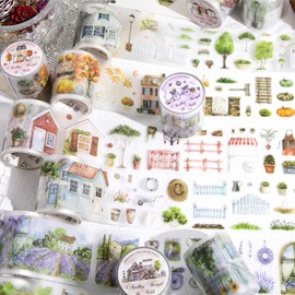 Lora Rossie 6 Rolls Rural Stroll PET Washi Tape Flower 50mm Wide Pre-Cut Tansparent Aesthetic Floral Stickers Set for Journaling, Scrapbooking,DIY Projets, Scrapbook Supplies, Junk Journals