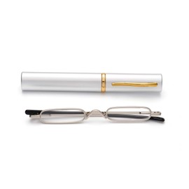 ZUVGEES Easy Carry Mini Compact Slim Reading Glasses—Lightweight Portable Readers with w/Pen Clip Tube Case (Silver, 1.25)
