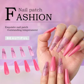 Uranian Coffin Extra Long Press on Nails White Ballerina French Brown Fake Nails Glossy Luxury Spots Pink Full Cover False Nails Marble Shimmer Bling Acrylic Nails Tips for Women and Girls (24pcs) (Style E)