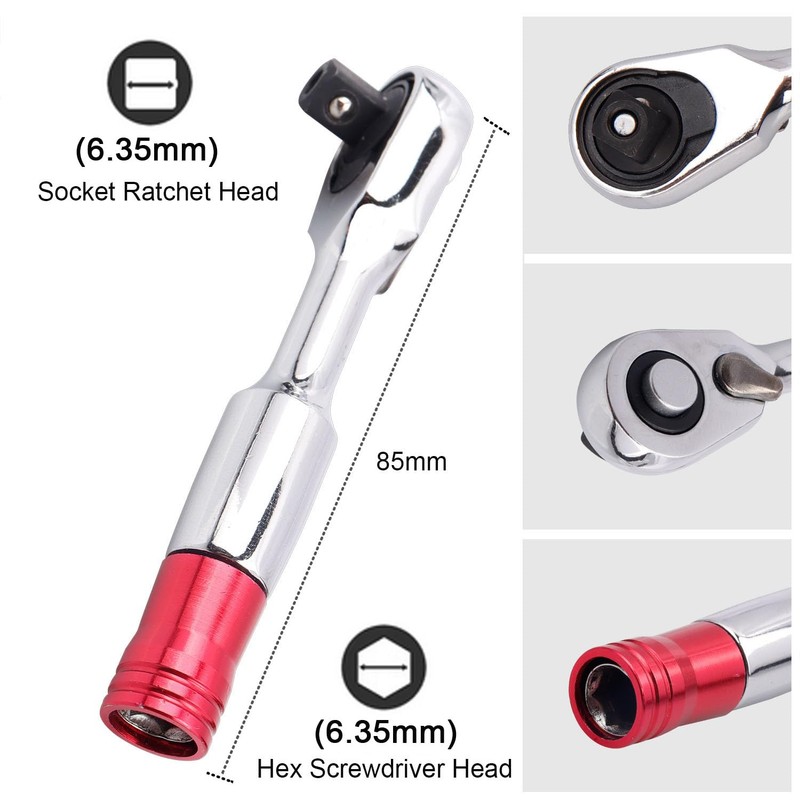 Bestgle 2 in1 Mini Ratchet Wrench, 1/4" Drive Hex Bit