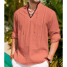 EDITCOZY Men's Cotton Linen Shirt Drawstring Tops Viking Pirate Renaissance Costume Medieval Orange 3XL