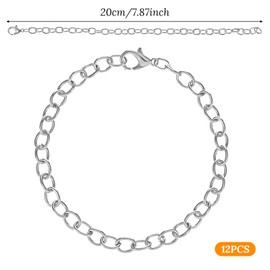 12pcs Chain Bracelet Alloy Chains for Jewelry Making Lobster Clasp Cuban Link Chain Bracelet Fit Clip on Charms for Men Women 20cm/7.87inch for DIY Jewelry Crafts Supplies (Silver)
