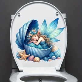 Summer Sea Mermaid Pearl Shell Toilet Cover Sticker Decals,Fish Bird Flower Leaf Waterproof Toilet Lid Tank Seat Decals Cistern Self-Adhesive Bathroom Wall Sticker