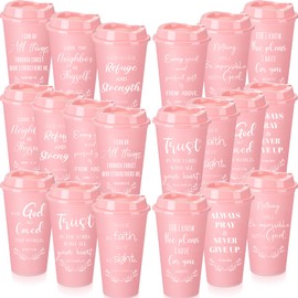 Skylety 60 Pack Christian Gifts 16oz Bible Verse Tumbler Bulk Plastic Coffee Cups with Lids for Men Women Inspirational Religious Church Gifts for School Independence Day Party Favor (Pink)