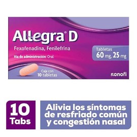 Allegra D antihistamínico para congestión nasal y alergias, 10 tabletas.