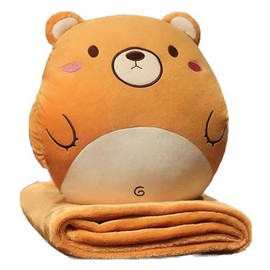 YGMXZL Travel Blanket and Pillow with Cover, Travel Blanket and Pillow 3-in-1, Nap Pillow Blanket, Car Sofa, Backrest Cushion for Children and Friends (Brown Bear, L)