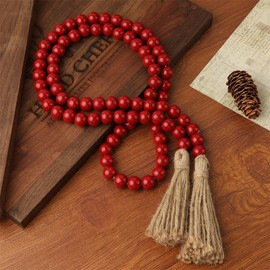 Wood Bead Garland 58 Inch Red Wooden Beads for Boho Farmhouse Table Home Decor with Tassel, Wooden Prayer Bead, Rustic Country Boho Wall Hanging Decor for Kitchen Modern Living Room Tray Vase Shelf