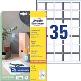 AVERY Zweckform L7120-25 Quadratische Etiketten (875 Klebeetiketten, 35x35mm auf A4, QR Code Aufkleber zum Bedrucken, selbstklebend, permanent haftende QR Code Etiketten) 25 Blatt, weiß