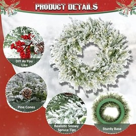 ASTRAEA Pre-Lit Snow Flocked Christmas Wreaths with Lights - 24 Inch Mixed Spruce Christmas Wreath w/ 50 Warm White LED Lights, Battery-Operated Xmas Wreath for Front Door Window Fireplace Decoration