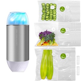 Auto Handheld Vacuum Sealer for Food - Compact Vacuum Sealer with 20 BPA-Free Thickened Reusable Air-Valve Bags (8 Small, 8 Medium, 4 Large). One-Touch Sealing Portable Sealer for Sous Vide&Freshness.