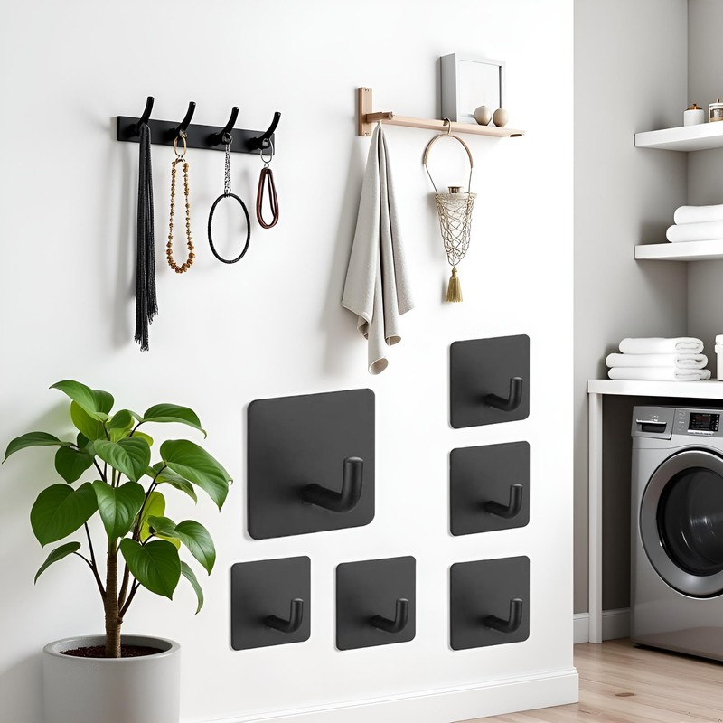 Tustao 6-Pack Stainless Steels Adhesive Wall Hooks Black,Easy Installation Without