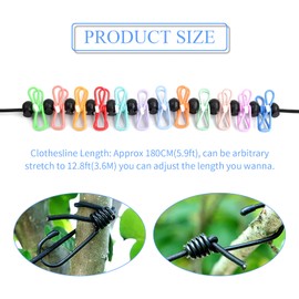 Laughhe Portable Washing Line Camping Extendable Travel Washing Line with 12 Clips and 13 Pieces Positioning Curves, Flexible Elastic Washing Line for Travel Holiday Outdoor Camping Dorm