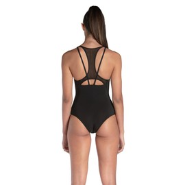 ARENA Feel Women's Mesh Panels Power Back Swimsuit Supportive Straps Stretchy One-Piece Stylish Suit, Black, US Size 34