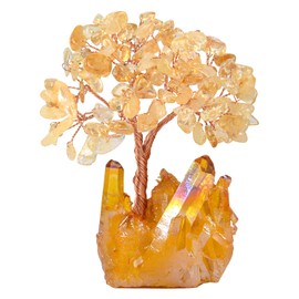 MASGEMES Natural Citrine Crystal Tree of Life,Quartz Cluster Yellow Titanium Base, Positive Energy Feng Shui Bonsai Money Tree Office Desk Home Decor for Wealth and Luck