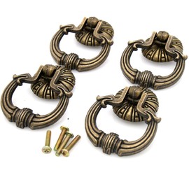 4 PCs Vintage Antique Brass Ring Pull Handles for Drawer Cabinet Dresser Wardrobe, Large Size (Height 2-61/64", Width 2-9/32")