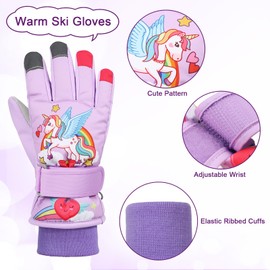 QKURT Children's Ski Gloves, Thick Winter Warm Gloves Windproof Snow Mittens Kids Unicorn Ski Gloves Cold Weather Gloves for 2~13 Years Old Kids Sledding Gloves Snowboard Gloves Skating Gloves