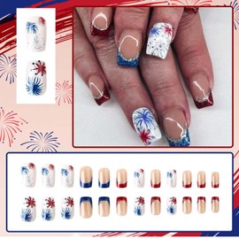 ONPRESS 24Pcs 4th of July Press on Nails Short Square Fake Nails with Colorful Silver Glitter Firework Design Independent Day Acrylic False Nails Red Blue Bling French Tip Glue on Nails for Women