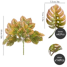 SNAIL GARDEN 42Pcs Leaves Artificial Tropical Monstera Plants,Gradient Color Artificial Palm Leaves with Stems,40cm/12in Real Touch Indoor Faux Monstera Plant for Pot,Fake Cheese Plant for Shelf