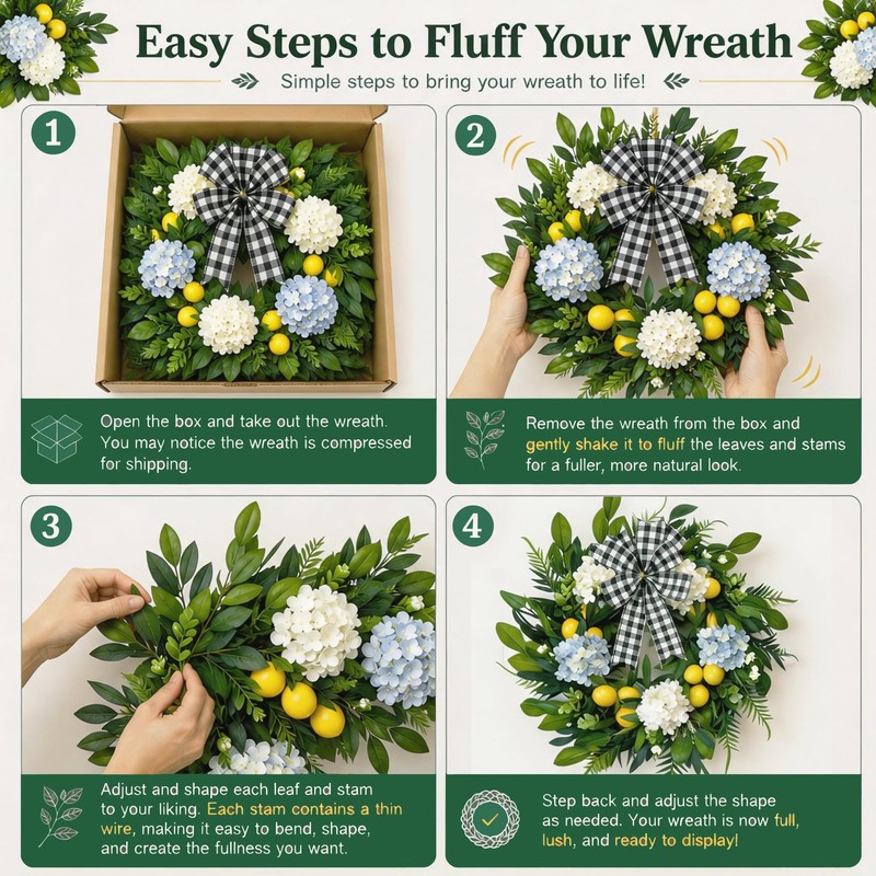 Lemon Wreath for Front Door, 22 Inch Artificial Hydrangea Wreaths