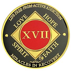 NA Medallón de 17 años, Narcotics Anonymous 17 años, dorado, rojo, chapado en color negro, cubierto de epoxi