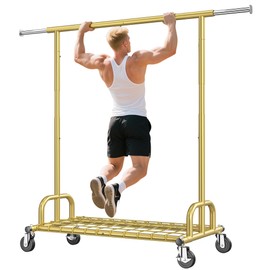 Raybee Heavy Duty Clothes Rack, Gold Clothing Racks for Hanging Heavy Clothes 200+, Rolling Clothing Rack Load 485 LBS, Extendable & Adjustable Portable Commercial Garment Rack with Wheels, Gold