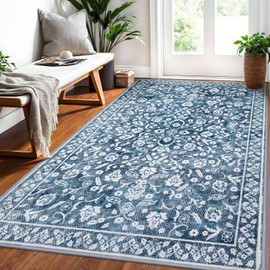 SILOLOOM Vintage 4x6 Area Rug, Denim Blue White Entryway Rug Non-Slip, Washable Living Room Rug Thin Printed Faux Wool Floor Super Soft Carpet Throw Rugs for Bedroom Dining Room Indoor Office