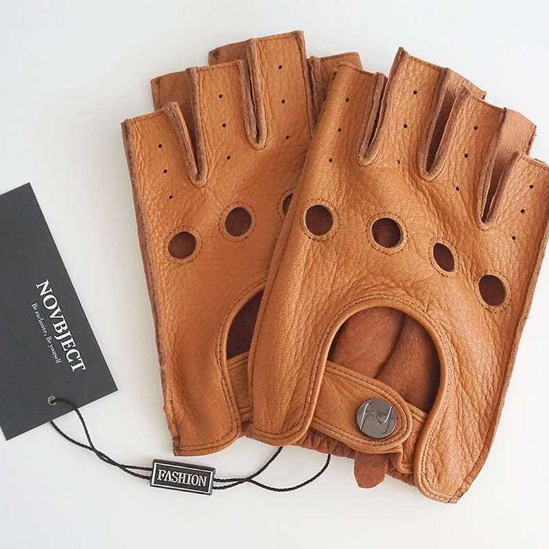 NOVBJECT Men's Fingerless Leather Gloves Deerskin Half Finger Unlined Motorcycle