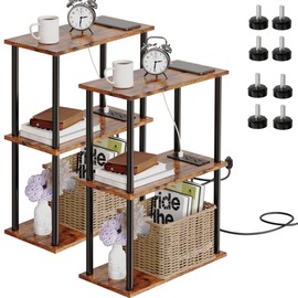 3-Tier Narrow Side Table Set of 2 with Charging Station,Skinny Nightstand,End Table for Small Space,Slim Sofa Beside Table,Narrow Bedside Table with USB Ports and Outlet,7.87''W x 15.75''L x 23.3''H