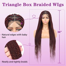 Roiifur Full Double Lace Front Braided Wigs 36" Triangle Knotless Box Braid Wig With Baby Hair For Women Human Hair Blended Natural Burgundy