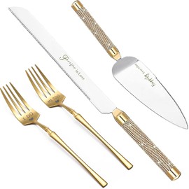 Juego de cuchillo y servidor para tarta de boda ROXBURGH, cortador de pastel de oro de acero inoxidable 420 y servidor para tarta con estriados, juego de corte con tachuelas de strass para boda