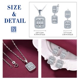 Yumilok 925 Sterling Silver Round Square Women Jewelry Set Necklace Dangle Earrings for Bride Bridesmaid Cubic Zirconia