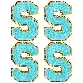 Jongdari Letter Patches Varsity Chenille Iron on Letters Patchs for Clothing , 4pcs English Letter S with Gold Glitters Border, Alphabet Sewing Appliques (Blue S)