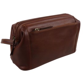 Oakridge Leather Mens Top Frame Washbag/Toiletry Bag - Cognac