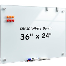 MaxGear Glass Whiteboard 36x24 Inches Wall Mounted, Magnetic White Board with 1 Eraser, 1 Accessory Tray, 4 Markers and 6 Magnets, Large Frameless Dry Erase Board for Office, School, Home