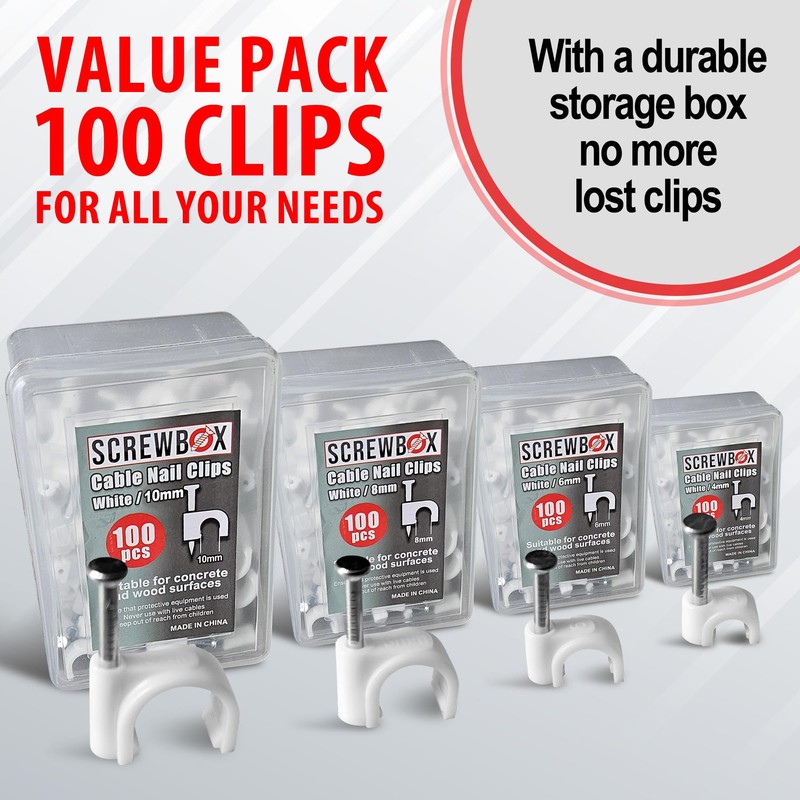 SCREWBOX® Cable Clips, 400 Pcs Durable White Wire Clips -4/6/8/10mm,