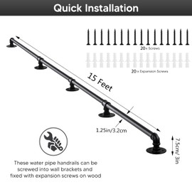 Senmit Handrail for Indoor Stairs - 15 Feet Wall Mount Industrial Iron Pipe - Metal Railing Non-Slip Grab Bar - Stairs Porch Deck Hand Rail Matte Black