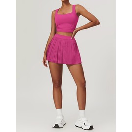 Womens 2 Piece Tennis Dresses Sleeveless Square Neck Crop Tank Tops with High Waisted Pleated Workout Tennis Skorts Skirt Set Yoga Golf Outfits for Women Two Piece Tennis Skirt Sets Rose Red S