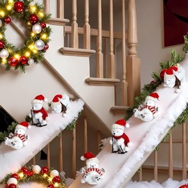 Polar Bear Christmas Staircase Decorations Set Banister Christmas Decoration with 6 Pcs Skiing Polar Bears Artificial Snow Blanket LED Lamp Xmas Hat Scarf for Home Xmas Stairs Decor