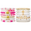 LieToi 14Pcs Preppy Heishi Bracelets Hot Pink and White Gold