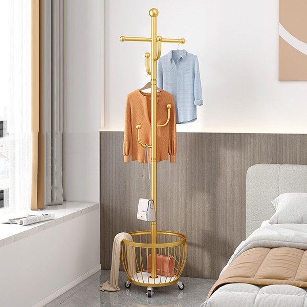 Floor Standing Coat Rack with Storage Basket and Wheels,Carbon Steel
