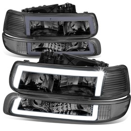DNA MOTORING HL-LB5-CSIL99-SM-CL1 Pair of 3D LED DRL Headlights & Bumper Parking Turn Signal Lamps Compatible with 99-02 Silverado 1500 2500,Smoked Lens