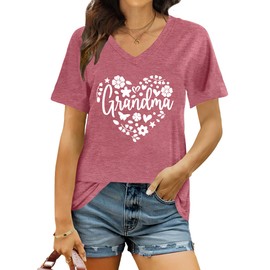 PICKID Grandma Shirts Women Floral Heart Grandma Printed T-Shirt Grandmother Tee Casual Mother Day V Neck Tops