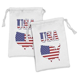 Lunarable Americana Fabric Pouch Set of 2, USA Map Flag Stars Stripes National History American Illustration, Small Drawstring Bag for Toiletries Masks and Favors, 9" x 6", Red White Blue