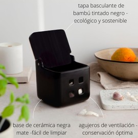 KOOK TIME Garlic Tin - Ceramic with Lid Made of Bamboo Wood - Garlic Storage with Ventilation Holes for Optimal Preservation - Garlic Pot 11.5 x 11.5 x 11.5 cm - All Black