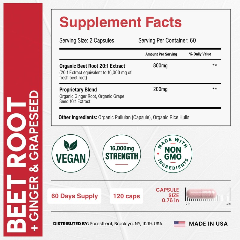 ForestLeaf USDA Organic Beet Root Capsules - Beetroot Supplement 16000