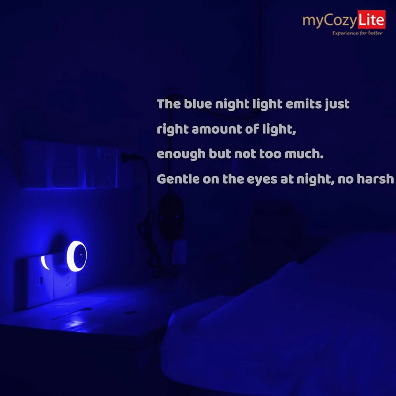 myCozyLite 2-Pack Blue LED Night Light Plug-In, Dusk-to-Dawn Sensor, Compact