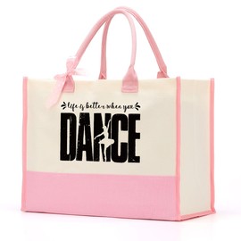 XHK Dance Canvas Tote for Dancers - Teacher Appreciation Gift, Life's Better When You Dance - Reusable Shopping Tote (Pink)