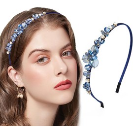 Crystal Blue Rhinestones Headbands Thin Hairbands for Women Girls Sparkly Diamond Hair Hoops Fashion Jeweled Head Bands (Blue, One size)